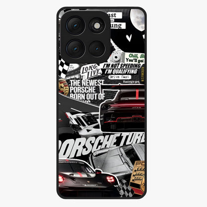 Porsche Racing Collage Glass Case showing flat back view with sports car racing collage artwork and glossy glass finish.