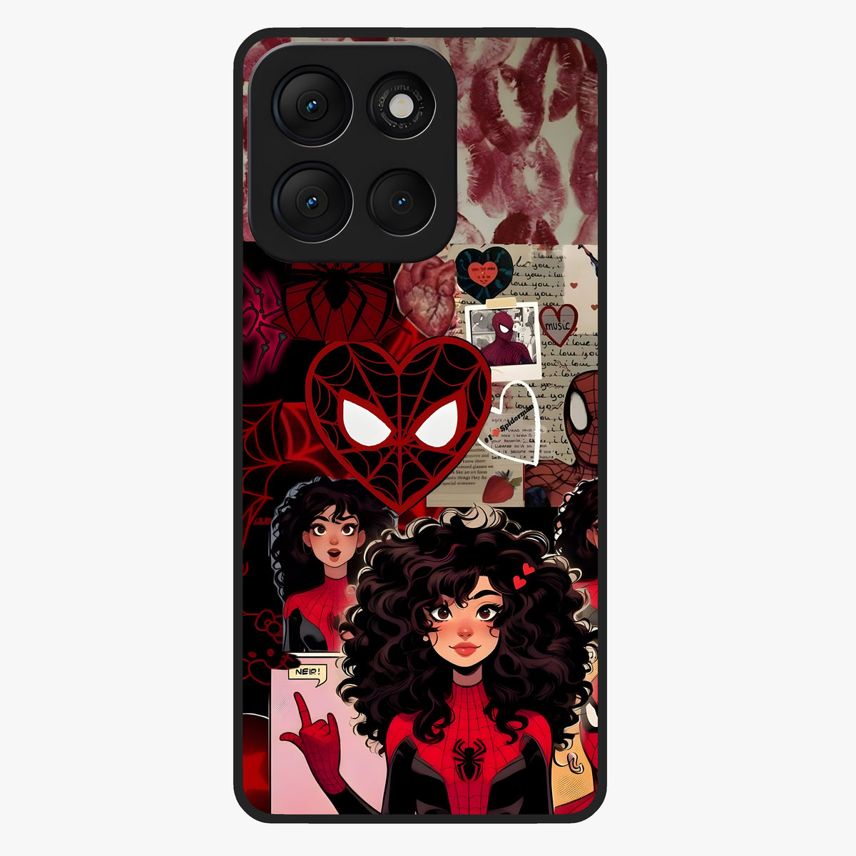 Spider Love Story Glass Case showing flat back view with romantic superhero themed artwork and glossy glass finish.