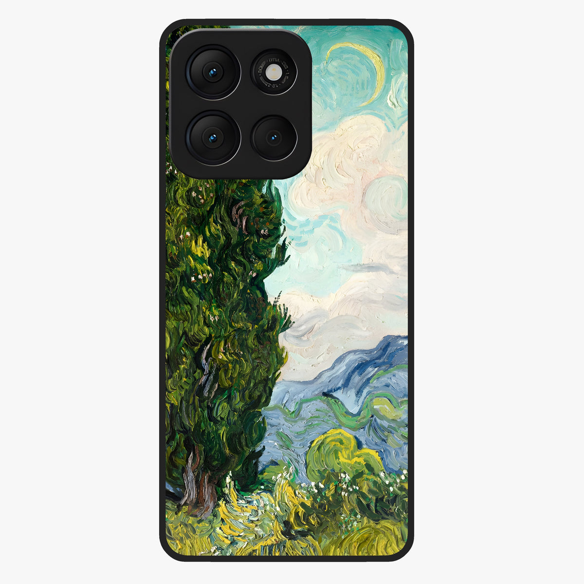 Van Gogh Vintage Art Glass Case showing flat back view with vintage painterly artwork inspired by Van Gogh style and glossy glass finish.