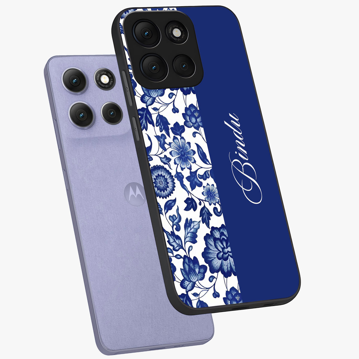 Blue Vintage Floral Pattern Glass Case displayed in angled mockup highlighting subtle bloom pattern with aesthetic pastel design.