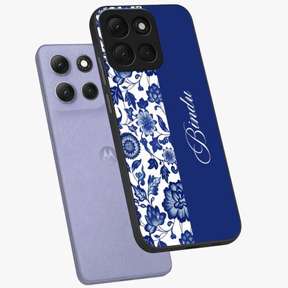 Blue Vintage Floral Pattern Glass Case displayed in angled mockup highlighting subtle bloom pattern with aesthetic pastel design.