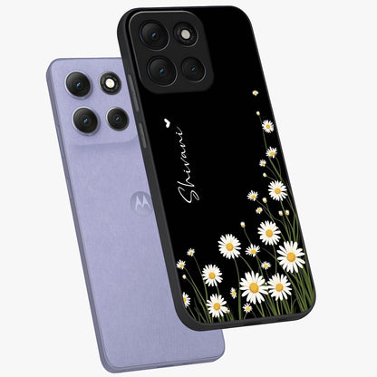 Daisy Cascade Custom Name Glass Case displayed in angled mockup highlighting delicate daisy artwork with custom name feature.