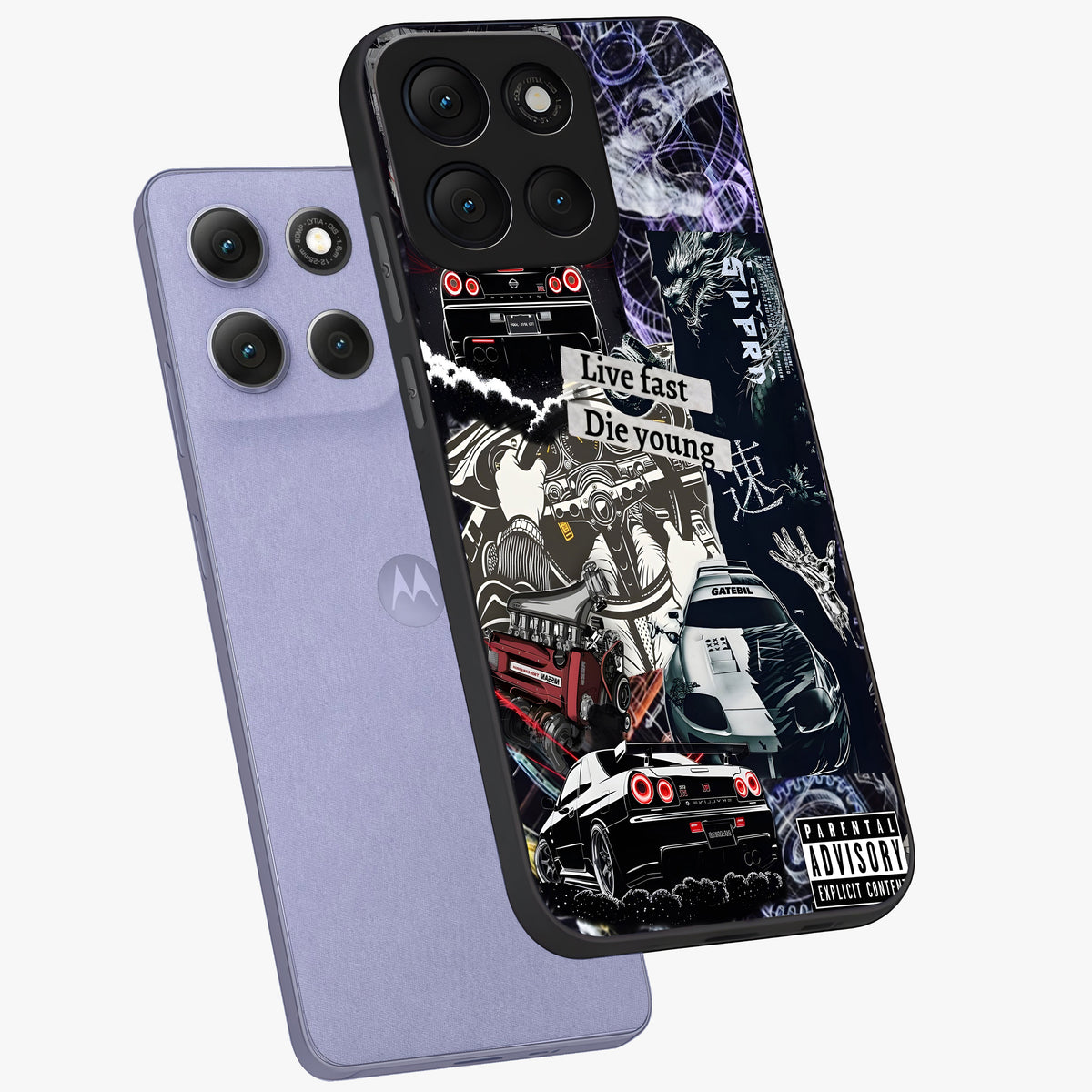 Die Young Glass Case displayed in angled mockup highlighting expressive graphic artwork with edgy aesthetic style.
