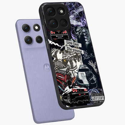 Die Young Glass Case displayed in angled mockup highlighting expressive graphic artwork with edgy aesthetic style.
