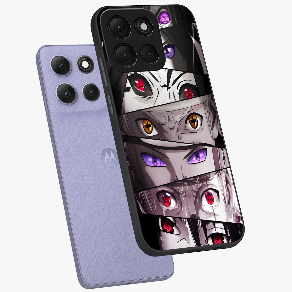 Eyes of Destiny Glass Case displayed in angled mockup highlighting bold eye illustration with mystical aesthetic style.