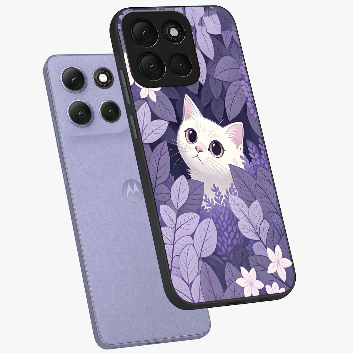 Lilac Hide Peek Cat Glass Case displayed in angled mockup highlighting playful feline illustration with lilac aesthetic design.