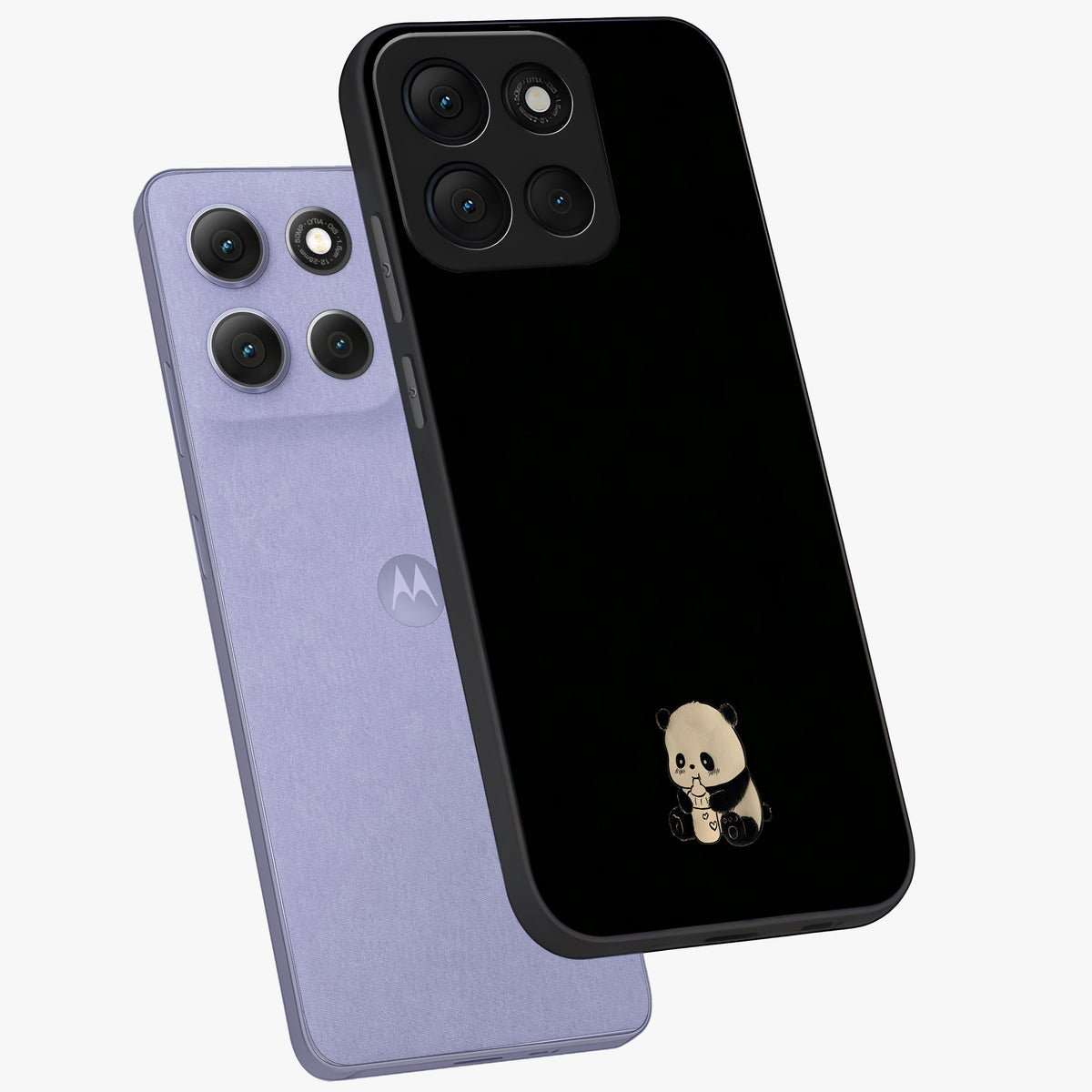Midnight Panda Love Glass Case displayed in angled mockup highlighting adorable panda illustration with midnight aesthetic.