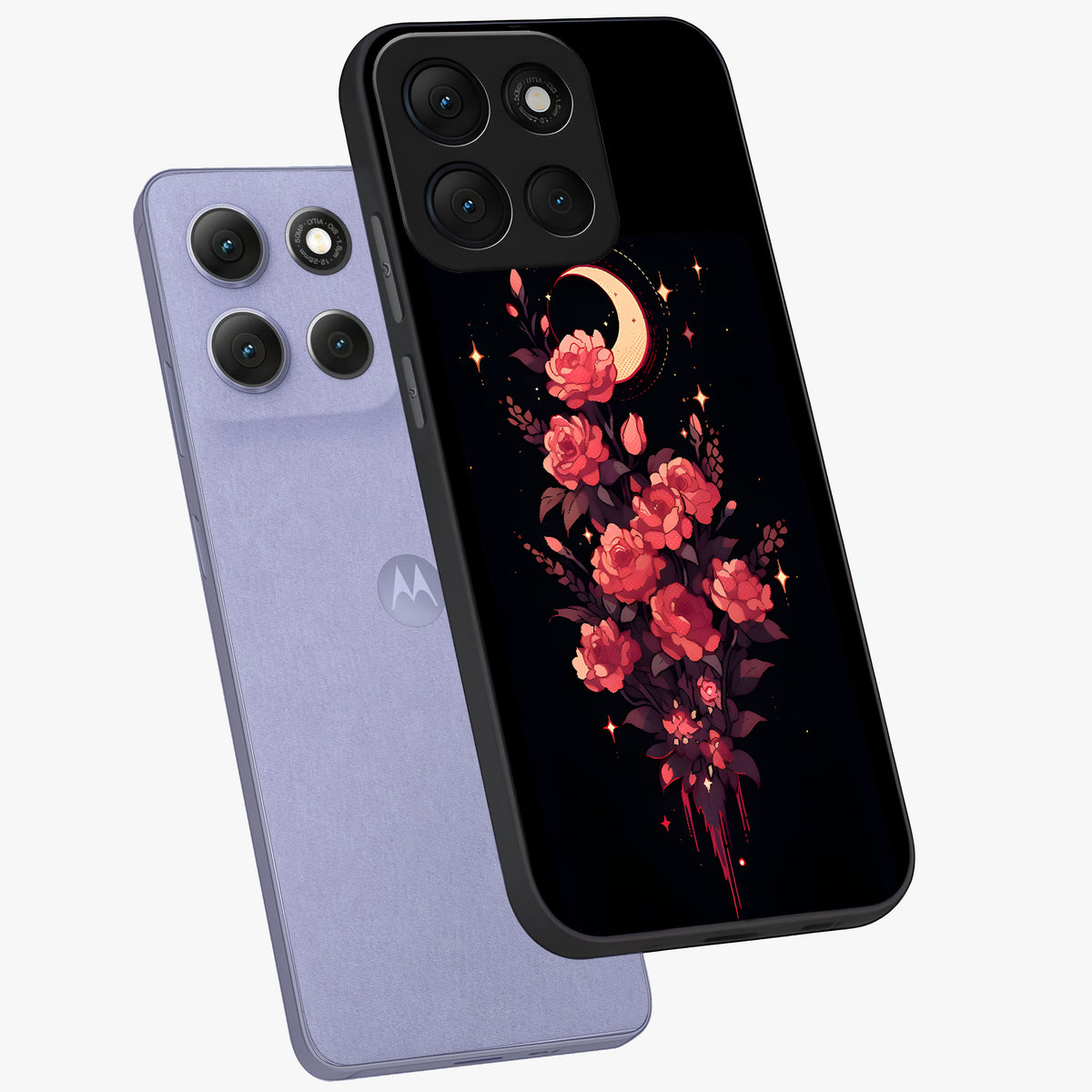 Moonlit Floral Elegance Glass Case displayed in angled mockup highlighting graceful flower design with soft moonlight aesthetic.