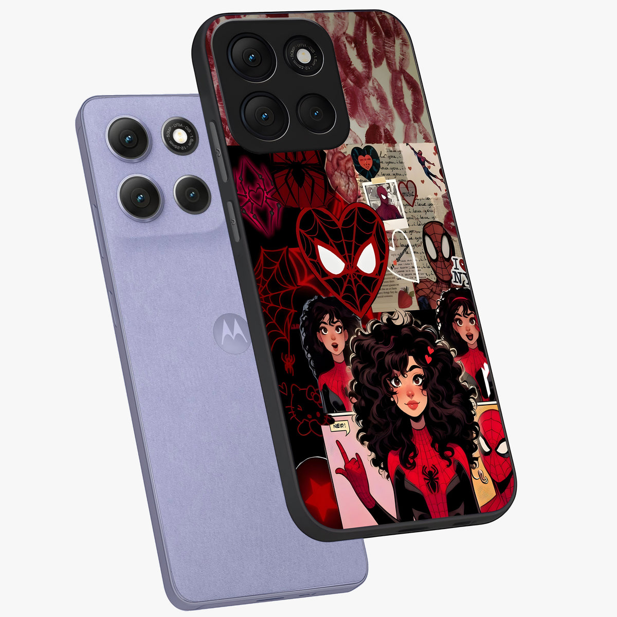 Spider Love Story Glass Case displayed in angled mockup highlighting expressive comic inspired design with playful aesthetic.