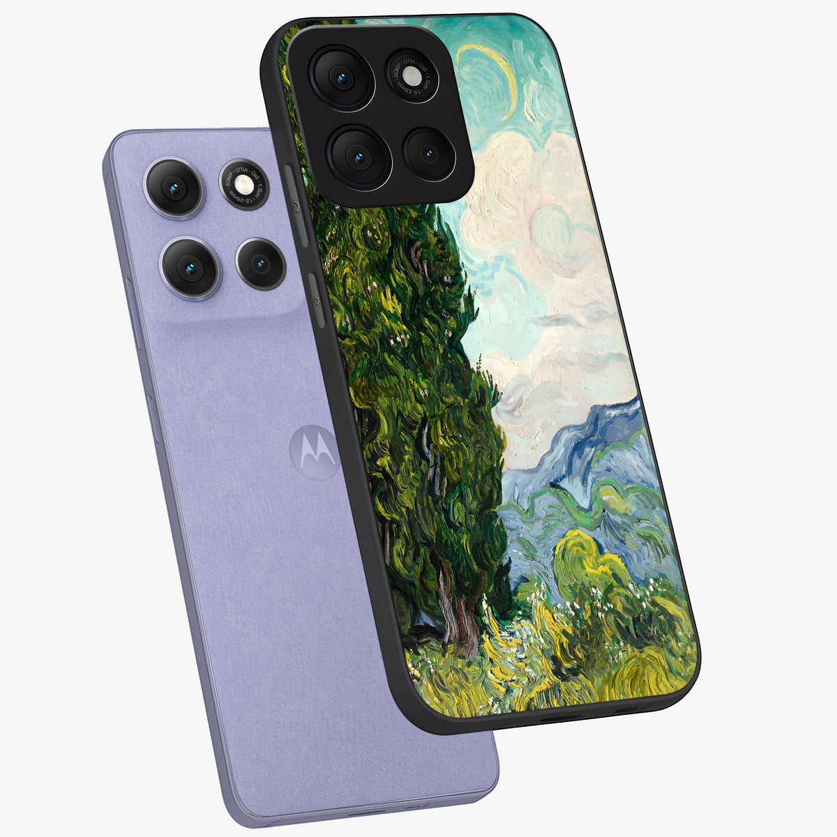 Van Gogh Vintage Art Glass Case displayed in angled mockup highlighting textured brushstroke design with classic aesthetic.