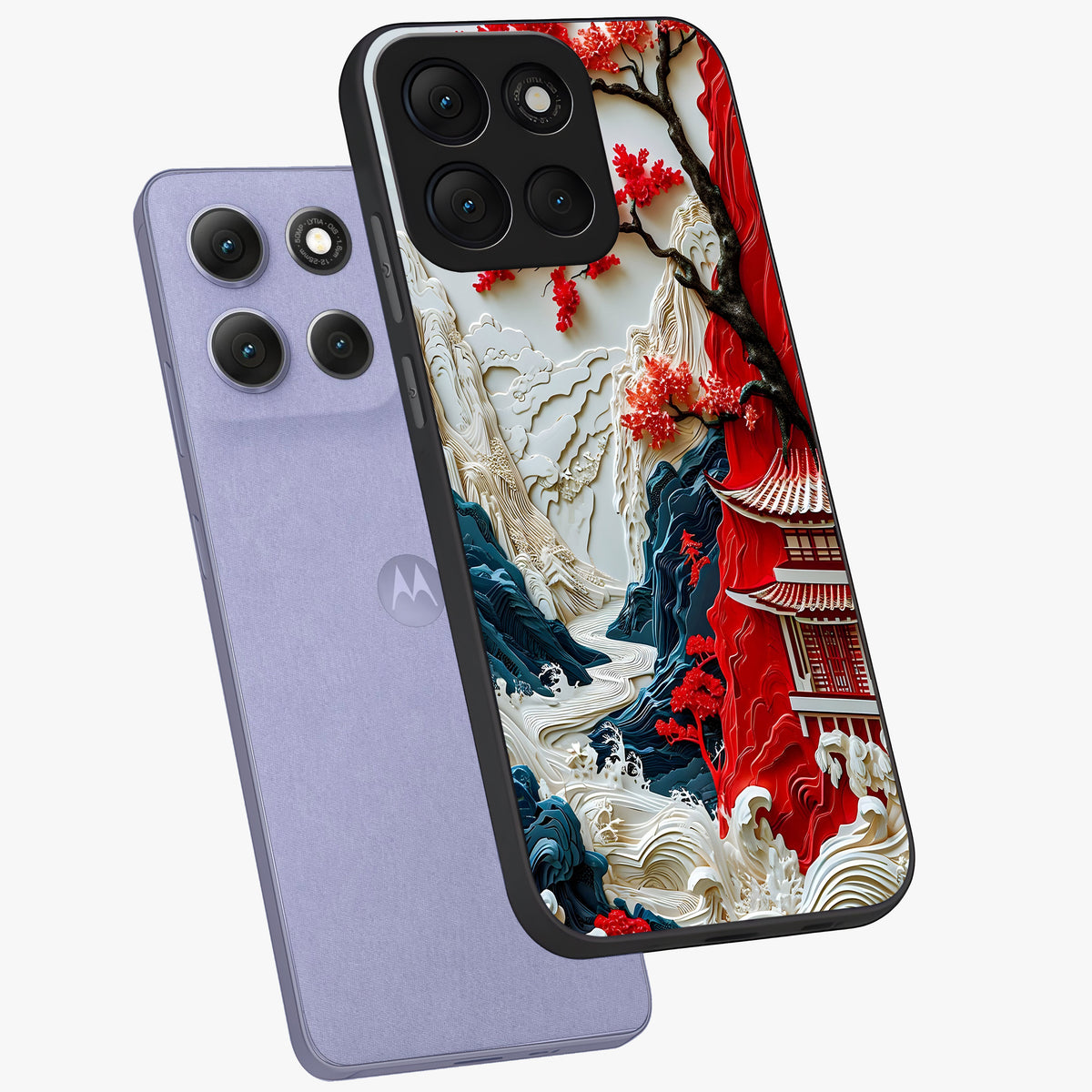Whispers Of Sakura Waves Glass Case displayed in angled mockup highlighting flowing sakura design with soft floral aesthetic.