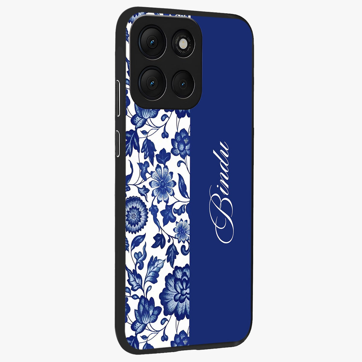 Blue Vintage Floral Pattern Glass Case upright view showcasing delicate blush floral texture with modern minimal style.