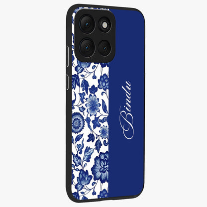 Blue Vintage Floral Pattern Glass Case upright view showcasing delicate blush floral texture with modern minimal style.