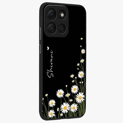 Daisy Cascade Custom Name Glass Case upright view showcasing elegant floral cascade design with personalized aesthetic.