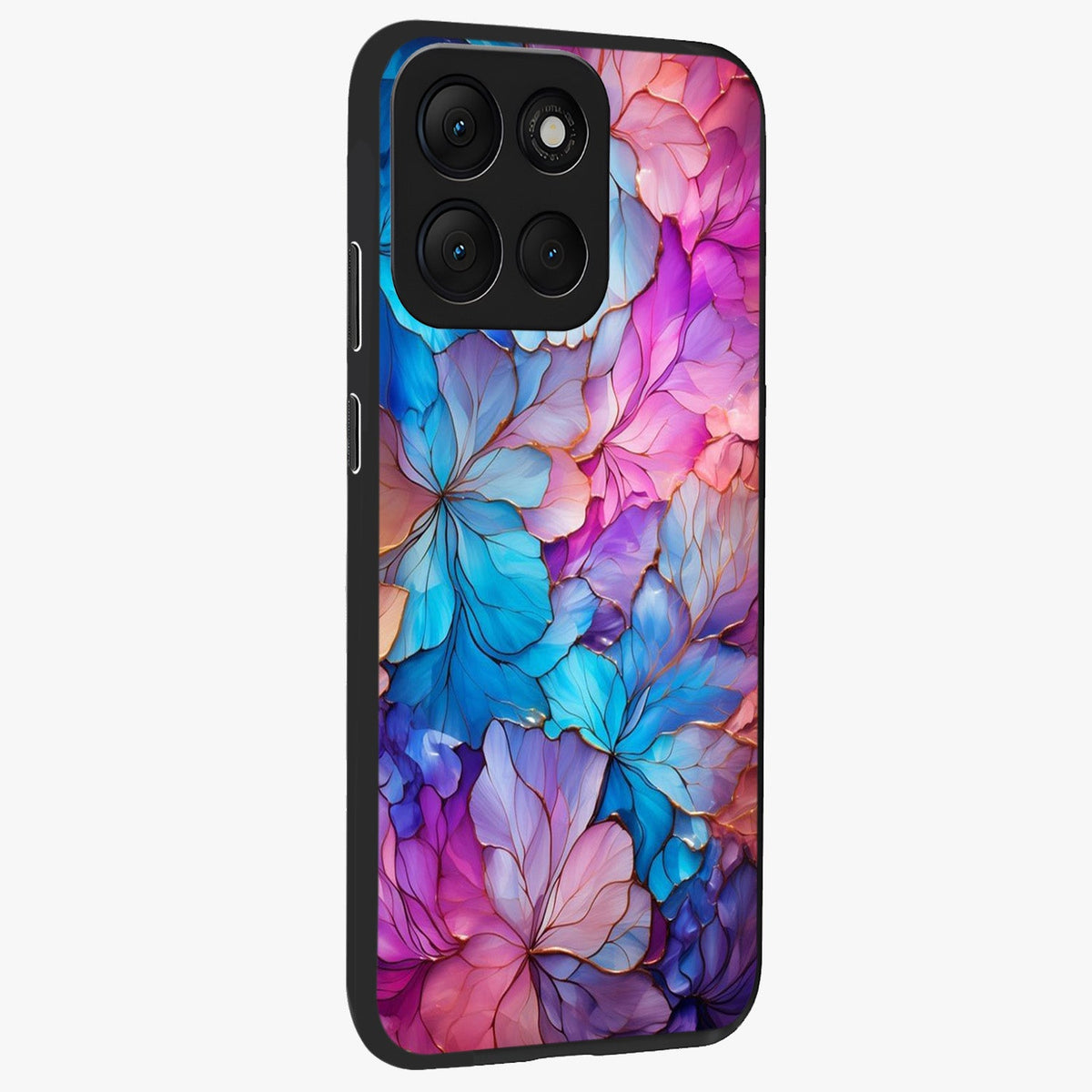 Radiant Floral Whirl Glass Case upright view showcasing lively floral artwork with decorative swirl theme.