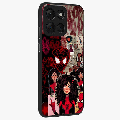 Spider Love Story Glass Case upright view showcasing charming superhero artwork with romantic comic theme.