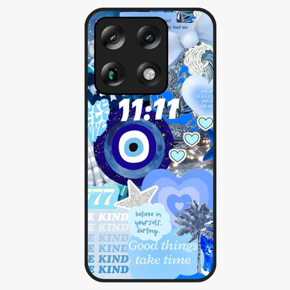 Aesthetic Be Kind Eye Glass Case showing flat back view with motivational eye artwork and glossy glass finish.