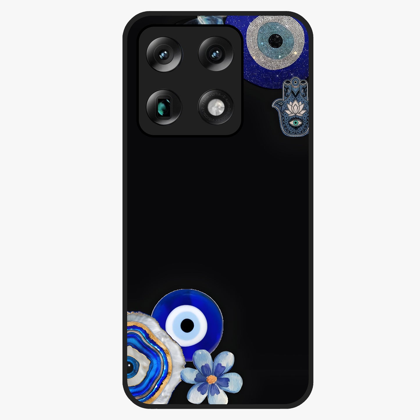 Aesthetic Blue Evil Eye Glass Case showing flat back view with protective evil eye artwork and glossy glass finish.