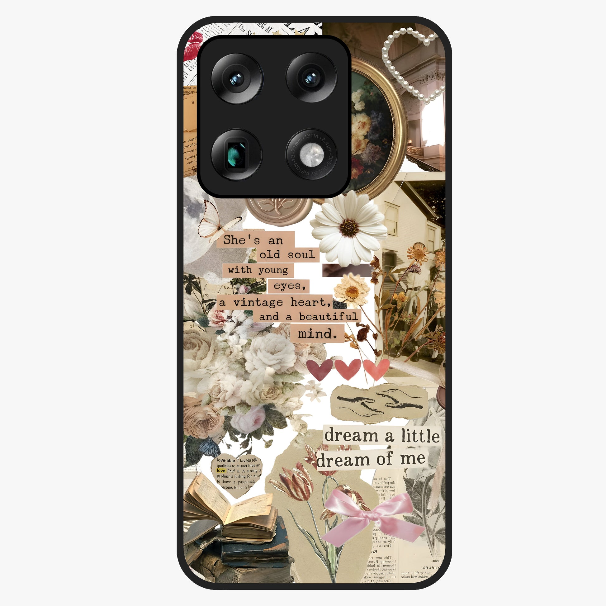 Aesthetic Brown Vintage Collage Glass Case showing flat back view with retro collage artwork and glossy glass finish.