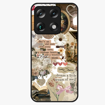 Aesthetic Brown Vintage Collage Glass Case showing flat back view with retro collage artwork and glossy glass finish.
