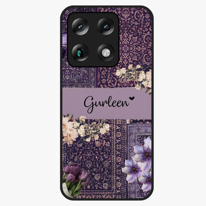 Antique Floral Whisper Custom Name Glass Case showing flat back view with vintage floral artwork and personalized name design.