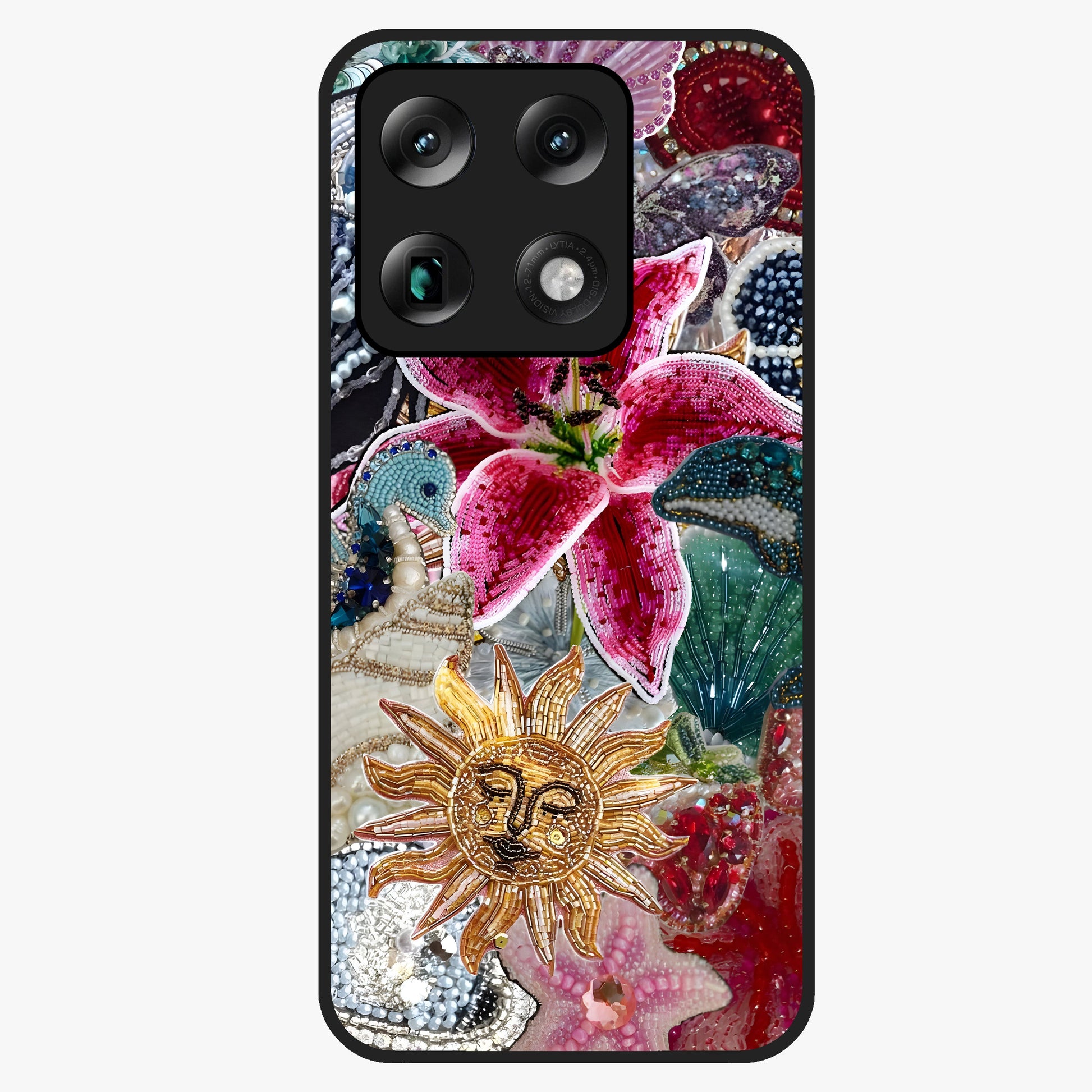 Beaded Garden Fantasy Glass Case showing flat back view with dreamy garden bead artwork and glossy glass finish.