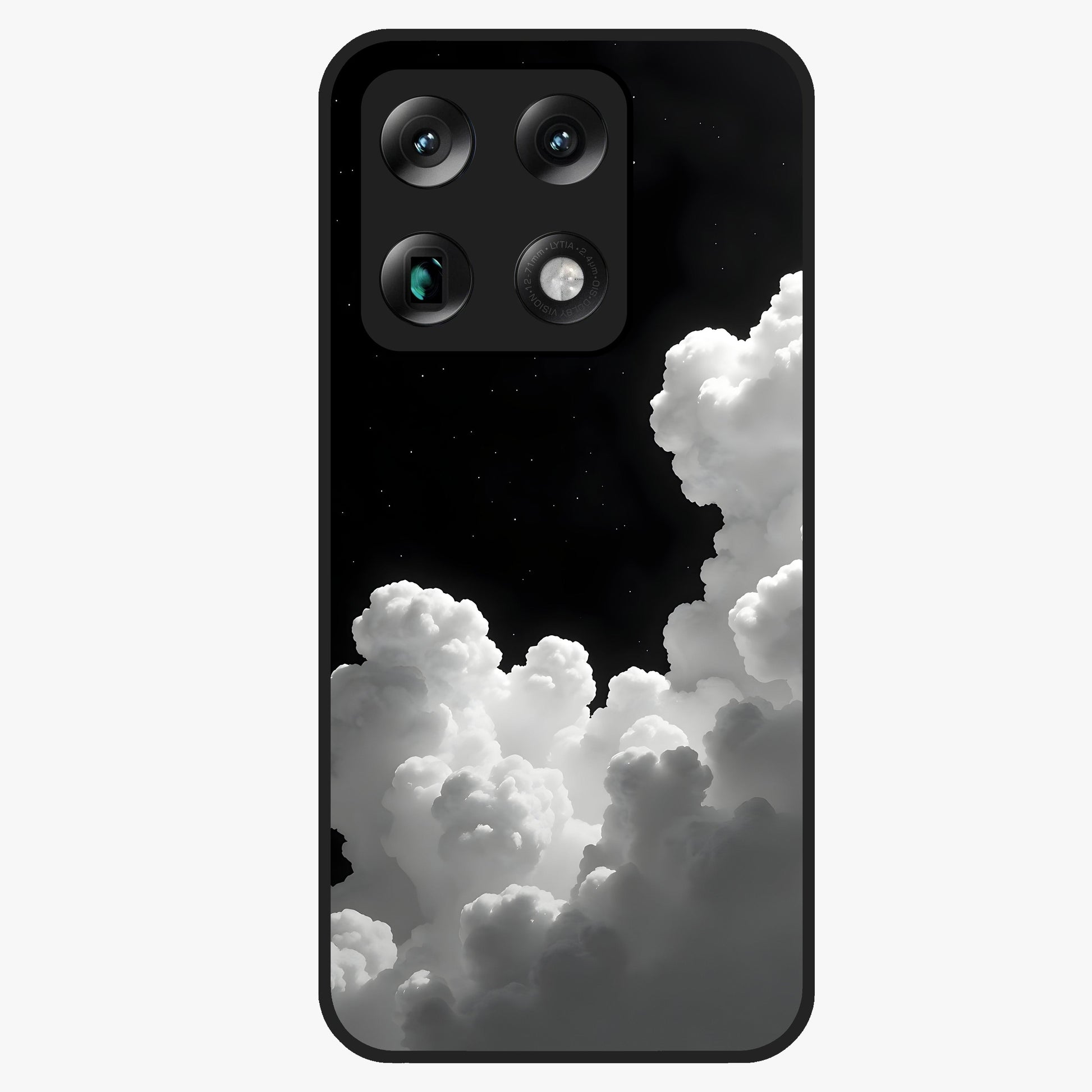 Black Background With White Cloud Glass Case showing flat back view with minimal cloud artwork on dark background and glossy glass finish.