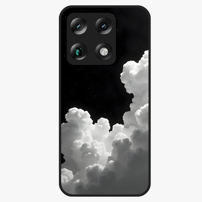 Black Background With White Cloud Glass Case showing flat back view with minimal cloud artwork on dark background and glossy glass finish.