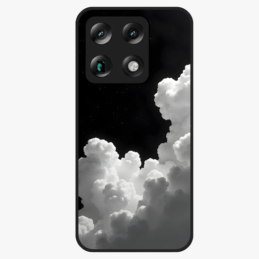 Black Background With White Cloud Glass Case showing flat back view with minimal cloud artwork on dark background and glossy glass finish.