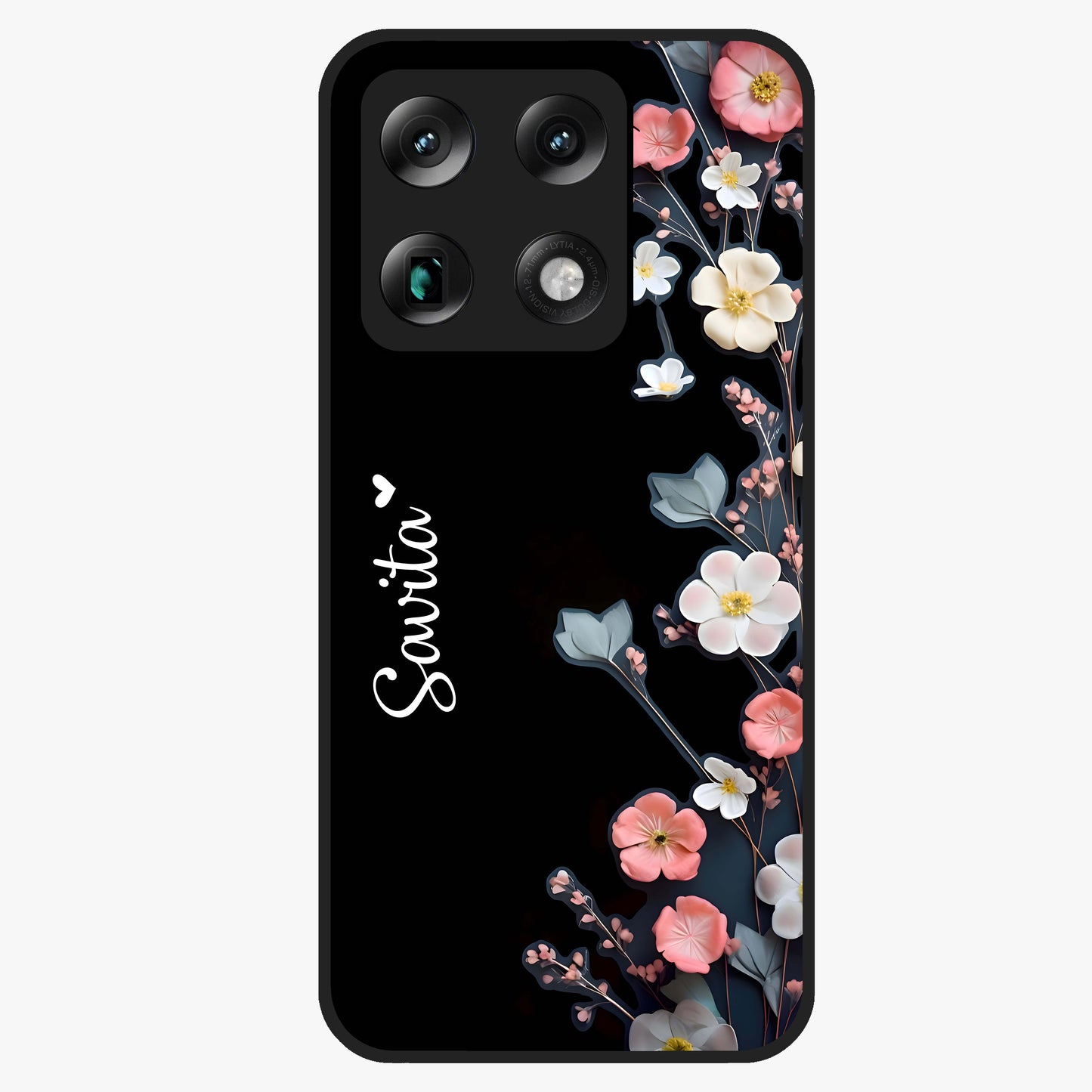 Black Elegance Floral Custom Name Glass Case showing flat back view with elegant floral artwork and personalized name design.