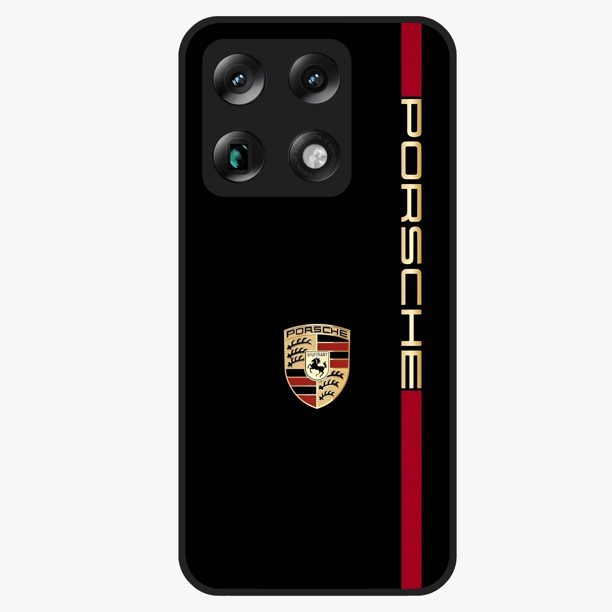 Black Minimal Porsche Glass Case showing flat back view with sleek minimal sports car artwork and glossy glass finish.