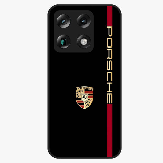 Black Minimal Porsche Glass Case showing flat back view with sleek minimal sports car artwork and glossy glass finish.