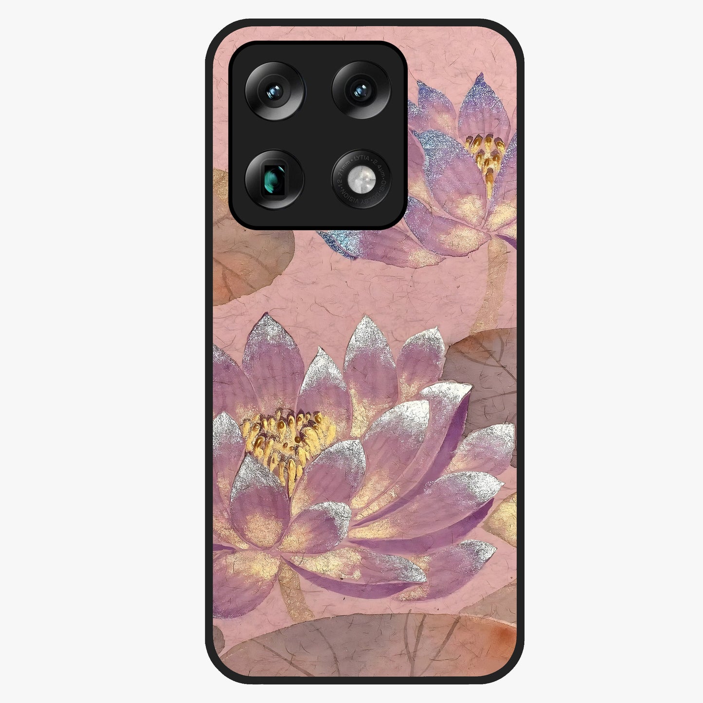 Blossom Mist Lotus Glass Case showing flat back view with serene lotus blossom artwork and glossy glass finish.