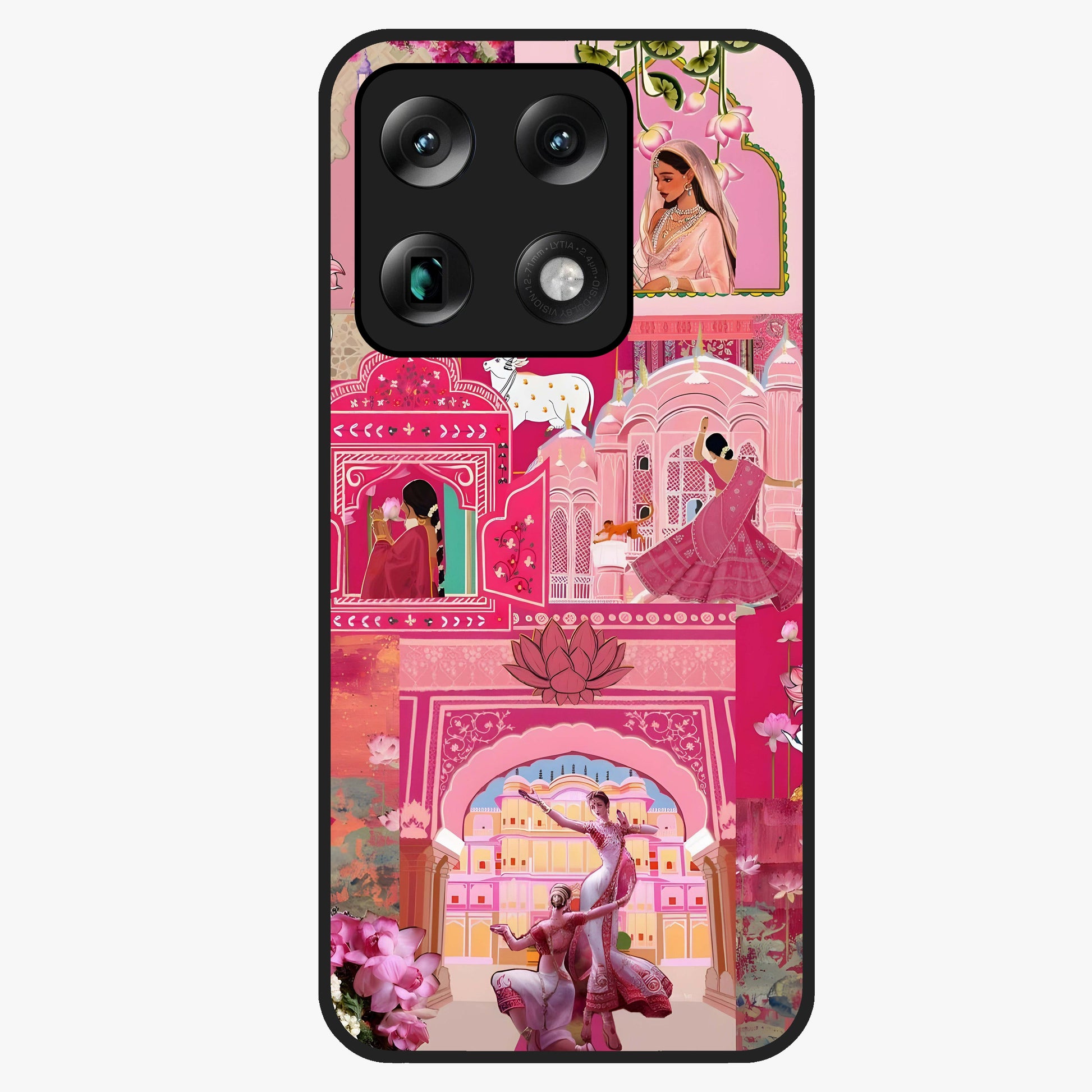 Blossoms of Rajasthan Glass Case showing flat back view with traditional floral artwork inspired by Rajasthan and glossy glass finish.