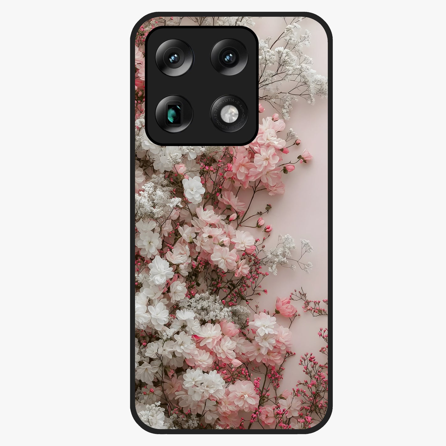 Blush Blossom Cloud Glass Case showing flat back view with dreamy blush cloud blossom artwork and glossy glass finish.