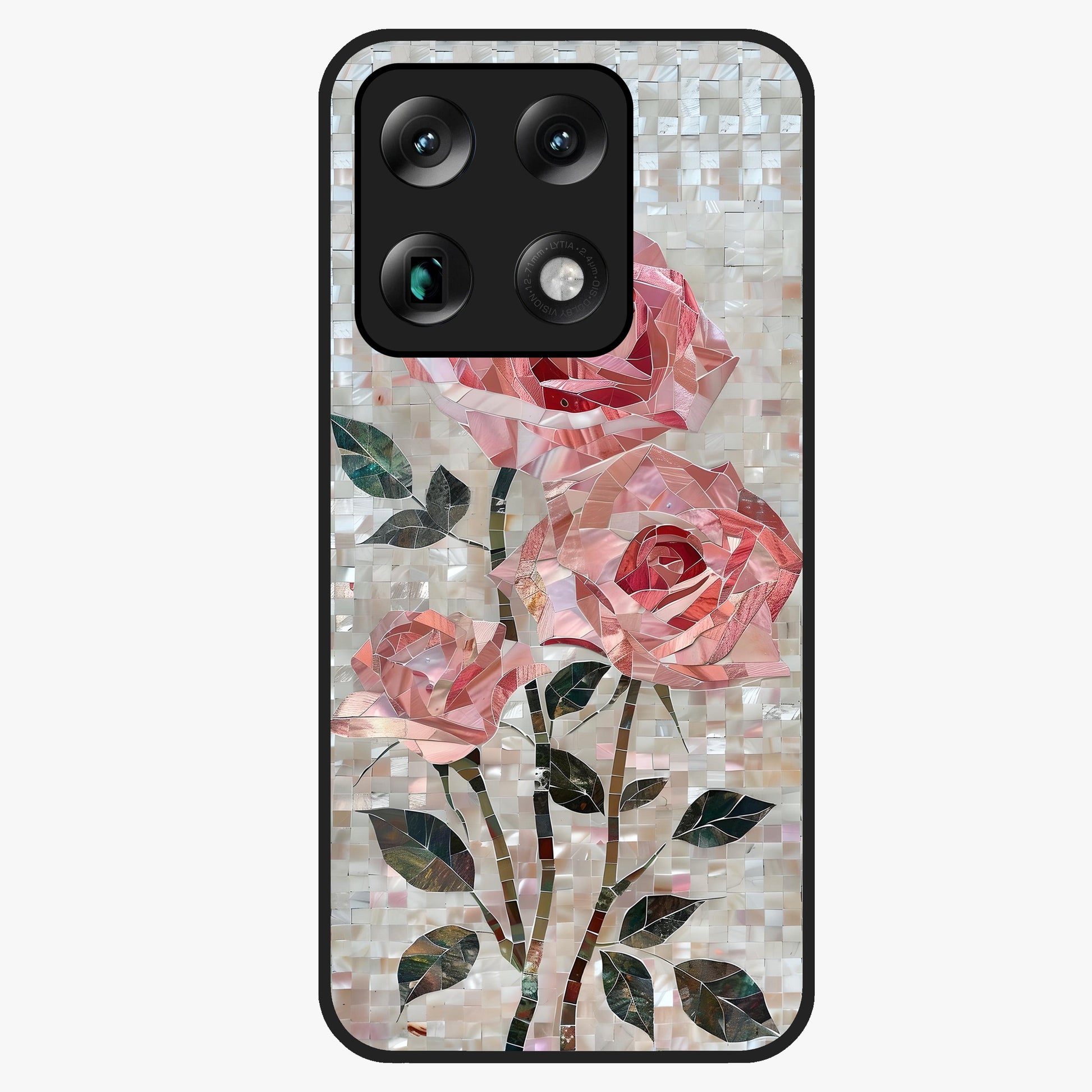 Blush Mosaic Bloom Glass Case showing flat back view with mosaic floral bloom artwork and glossy glass finish.