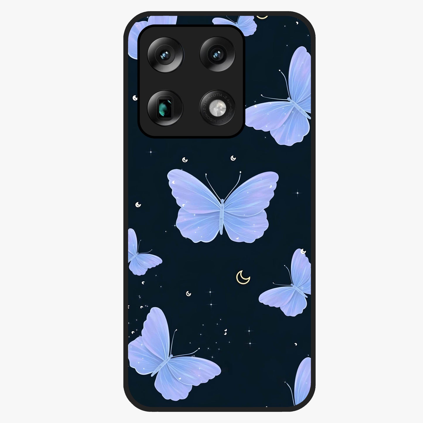 Butterfly With Stars Pattern Glass Case showing flat back view with butterfly and star pattern artwork and glossy glass finish.