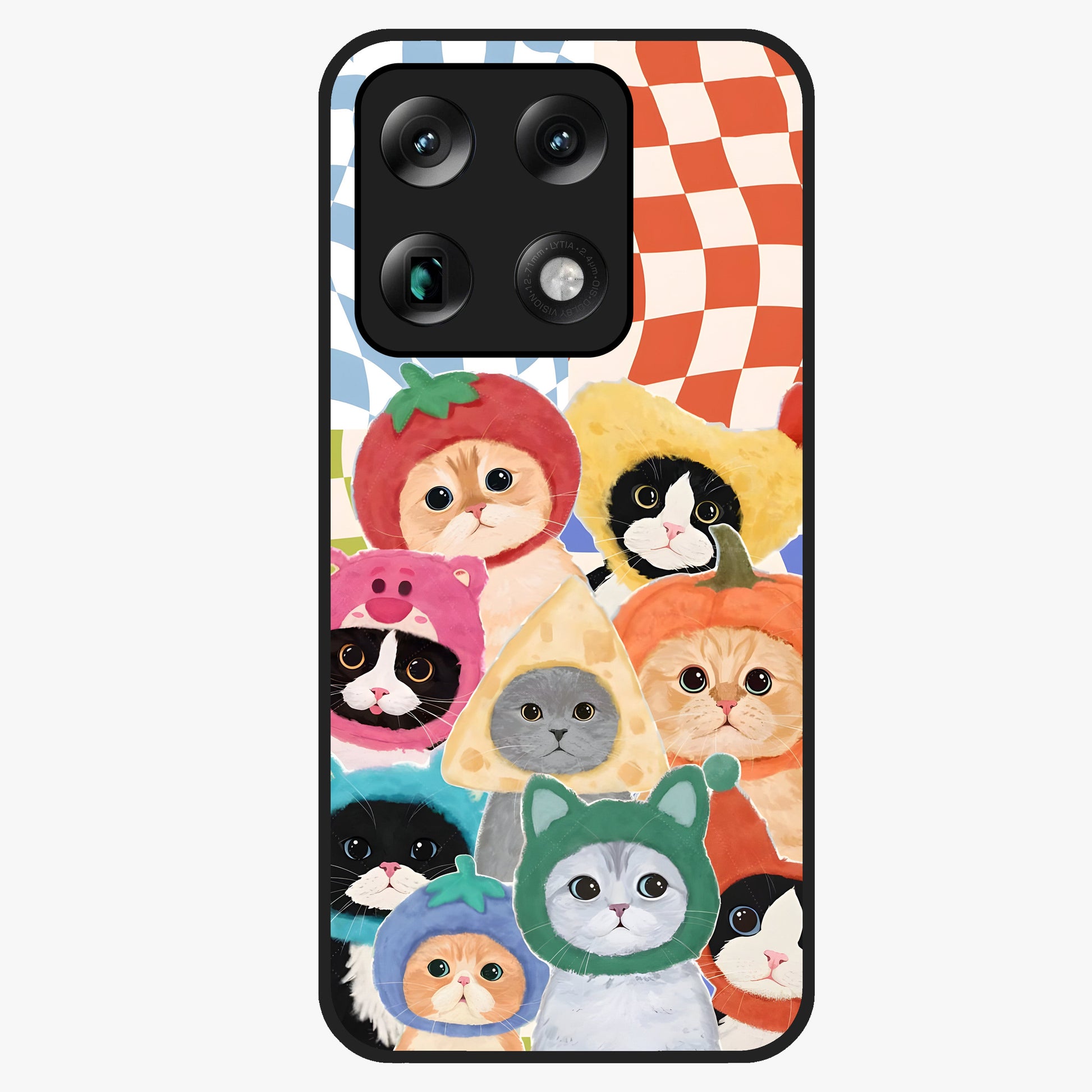Cats in Fruits Glass Case showing flat back view with playful cat illustrations inside fruit artwork and glossy glass finish.
