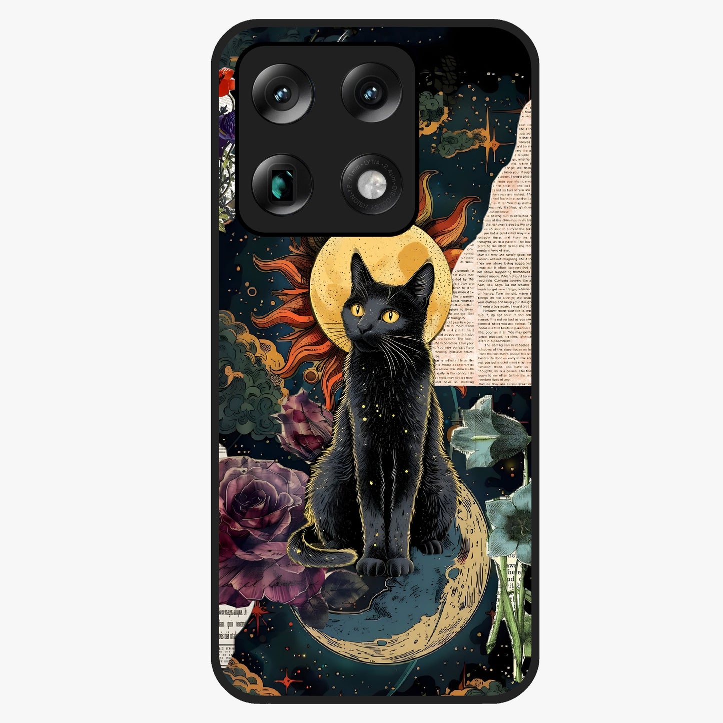 Celestial Black Cat Glass Case showing flat back view with mystical black cat artwork and glossy glass finish.