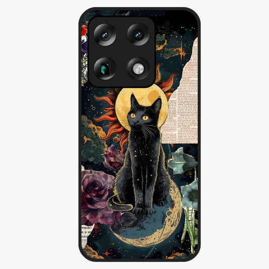 Celestial Black Cat Glass Case showing flat back view with mystical black cat artwork and glossy glass finish.
