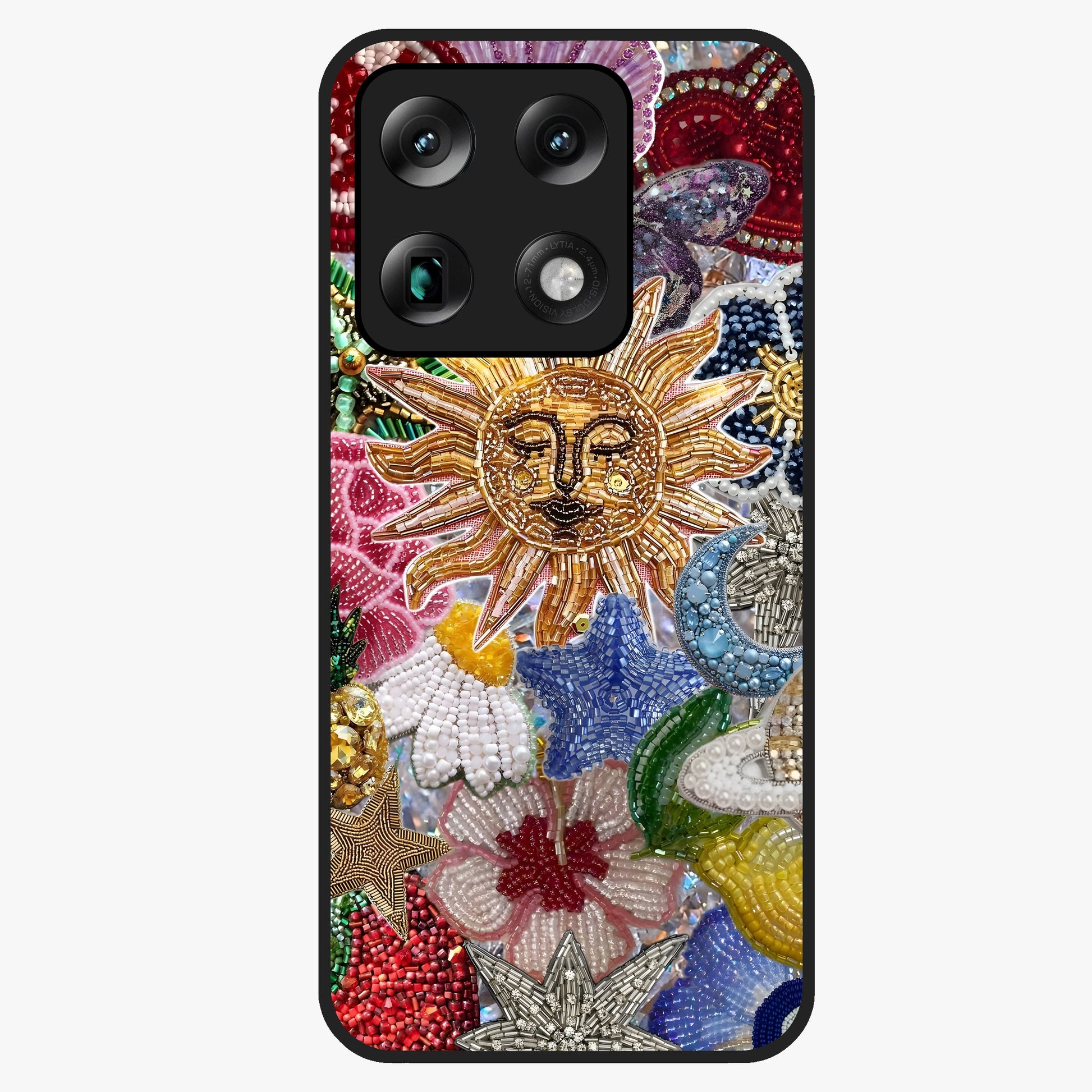 Celestial Floral and Playful Glass Case showing flat back view with floral and celestial themed artwork and glossy glass finish.
