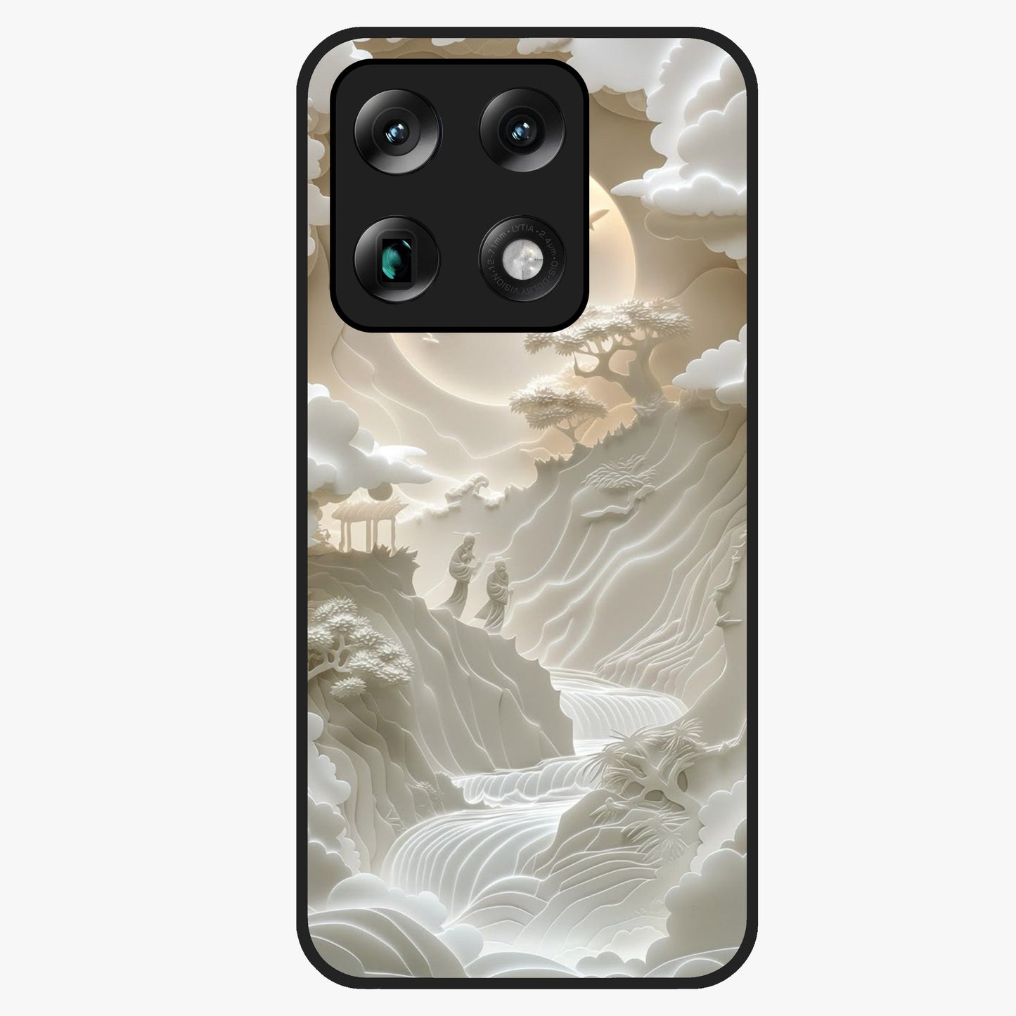 Celestial Origami Glass Case showing flat back view with artistic origami inspired celestial artwork and glossy glass finish.