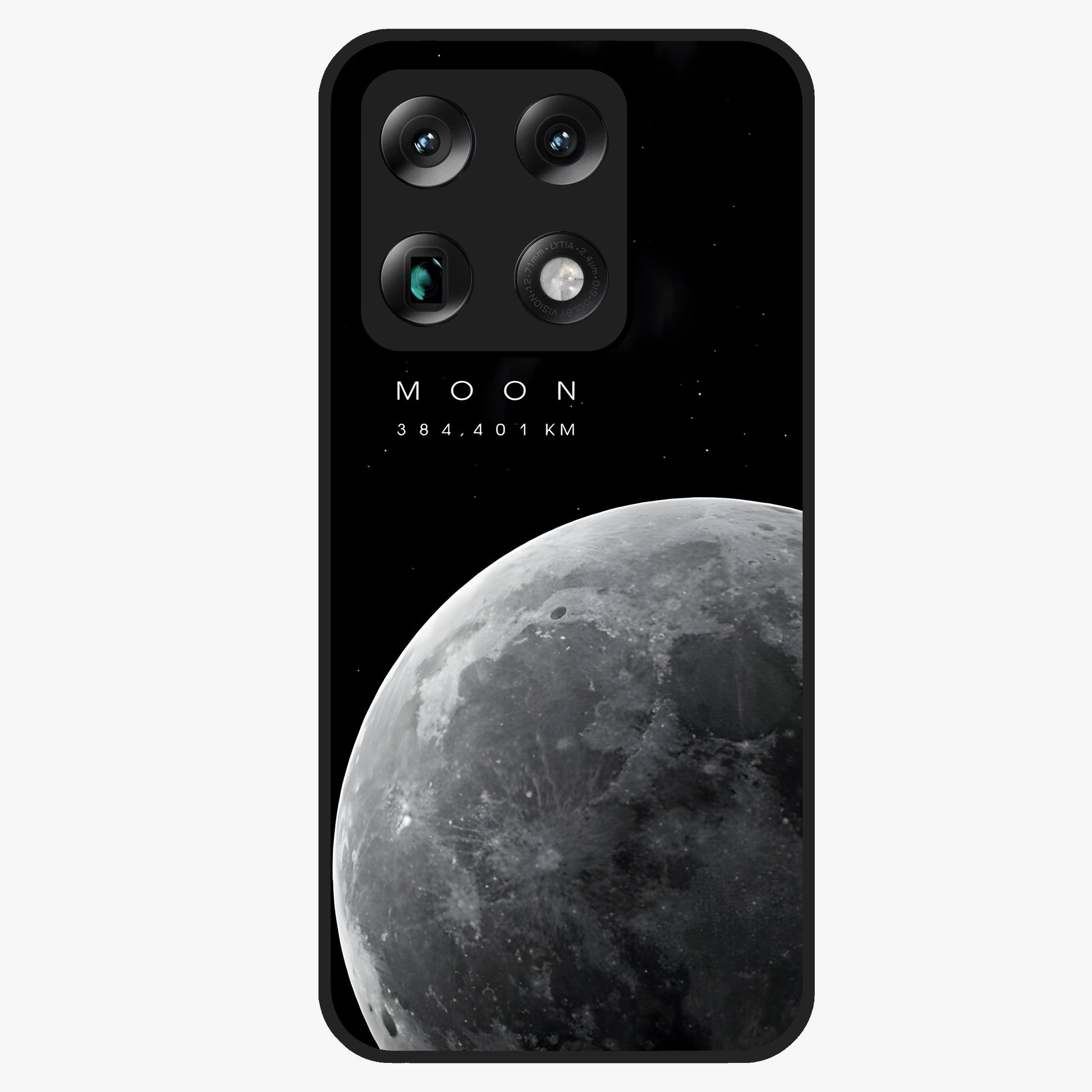 Cosmic Moon Glow Glass Case showing flat back view with glowing moon artwork and glossy glass finish.