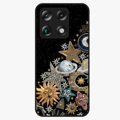 Cosmic Sparkle Dreams Glass Case showing flat back view with sparkling cosmic artwork and glossy glass finish.