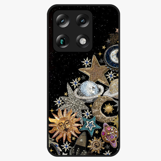 Cosmic Sparkle Dreams Glass Case showing flat back view with sparkling cosmic artwork and glossy glass finish.