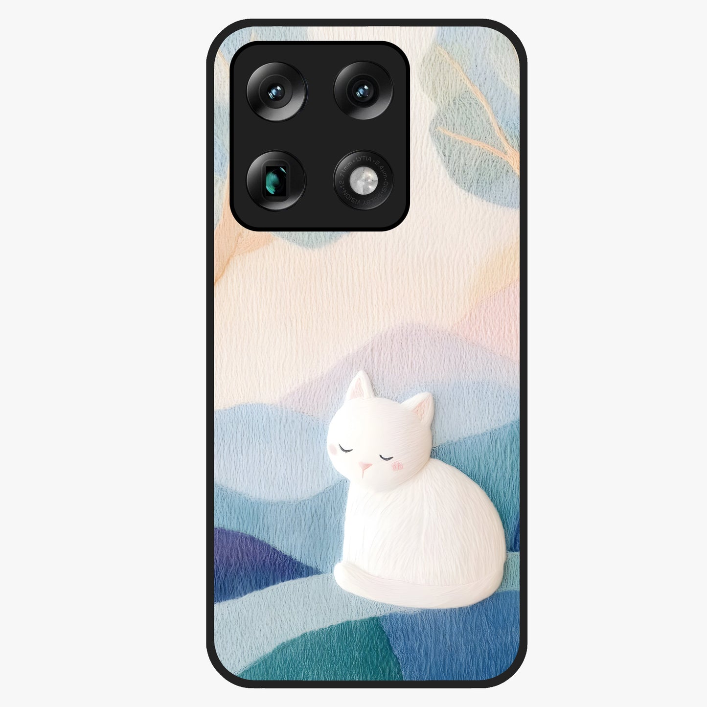 Cotton Dream Cat Glass Case showing flat back view with soft dreamy cat artwork and glossy glass finish.