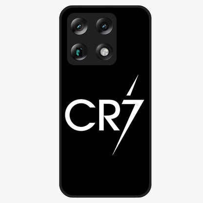Cr7 Elite Strike Glass Case showing flat back view with dynamic football inspired artwork and glossy glass finish.