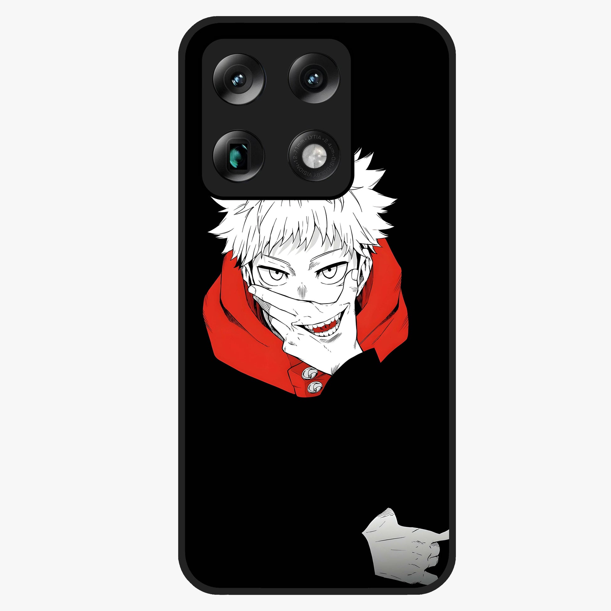 Crimson Chaos Smile Glass Case showing flat back view with bold chaotic smile artwork and glossy glass finish.