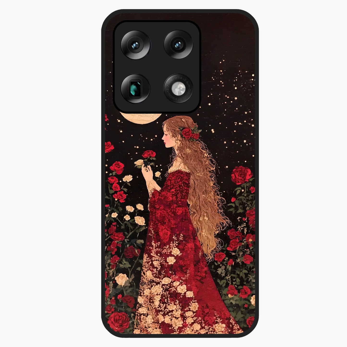 Crimson Dreams Glass Case showing flat back view with dreamy crimson artwork and glossy glass finish.