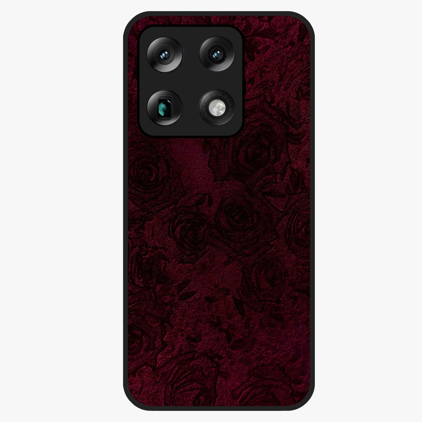 Crimson Fade Flow Glass Case showing flat back view with flowing crimson gradient artwork and glossy glass finish.